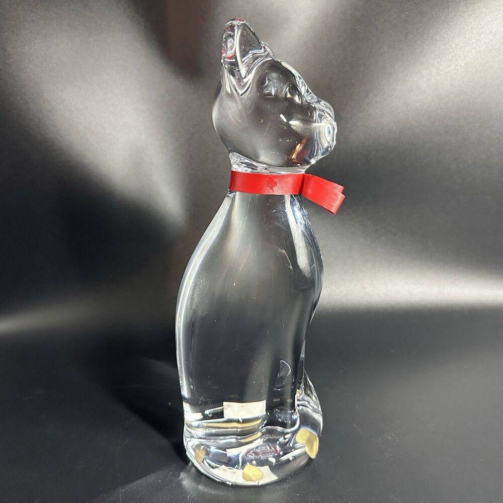 Cristal de Sevres Crystal Cat Figurine 9” France Signed Orig Label Ribbon